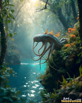 A pale tentacled creature sits on a mossy rock above blue water