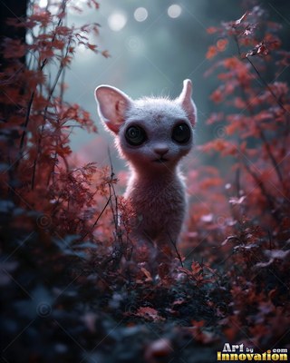 Large dark eyes stare ahead as a fuzzy white fantasy critter stands in reddish forest ferns