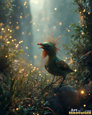 A crested green bird chirps on a rock in soft forest light with tiny yellow sparks