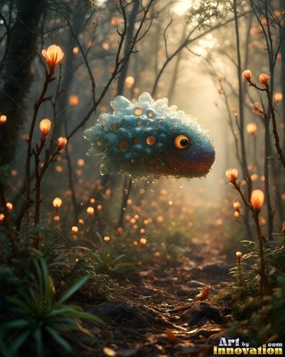 Floating in profile, a round blue spotted creature hovers in a warm forest path