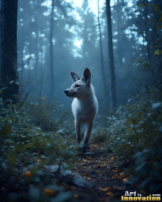 A small white fox walking along a dark trail in a foggy blue forest