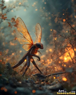 In a dark forest, a winged brown insect creature walks among warm yellow lights