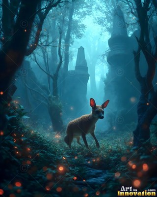 Walking along a misty path, a small deer looks ahead in a dark blue forest