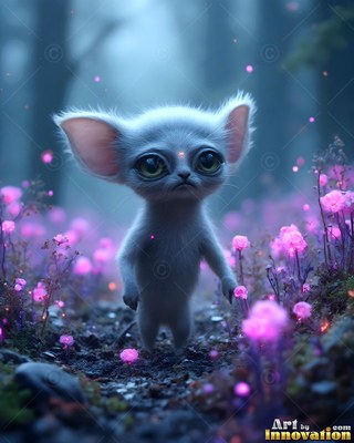 A small fuzzy creature walks through pink flowers in a dark forest