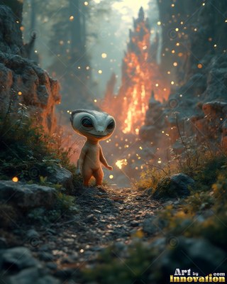 A small gray critter with huge dark eyes stands on a rocky path near bright orange sparks