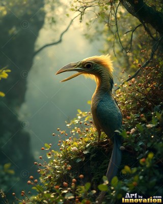 A small blue bird calls from a bush, lit by soft yellow sunshine