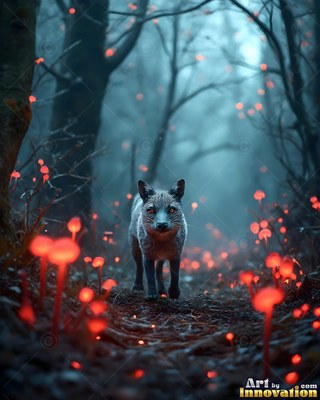 Walking forward in a misty forest, a small gray wolf surrounded by red mushrooms