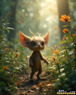 A furry little creature with big ears walks down a sunny forest path near orange flowers