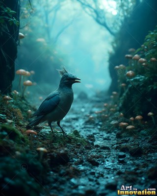 In a misty forest, a small blue bird stands on a path by tiny mushrooms