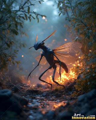 Walking through a dark forest, a winged insect creature steps past warm firelight
