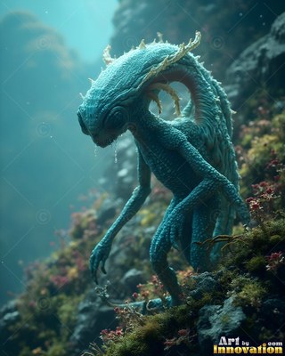 Slender blue creature standing on mossy rocks underwater