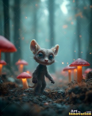 Large rounded ears perk up as a small furry creature walks through red mushrooms in a hazy forest