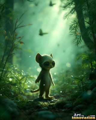 A tiny furry creature stands on moss under pale green light in a forest