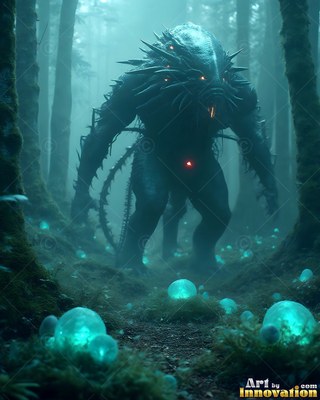Hunched over in a misty forest, a spiny black monster walks past blue mushrooms