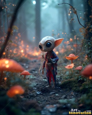 A tiny elf-like creature in a ragged tunic walks past bright orange mushrooms
