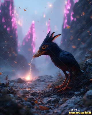 On a rocky path near purple rocks, a small dark bird drips sparks from its beak