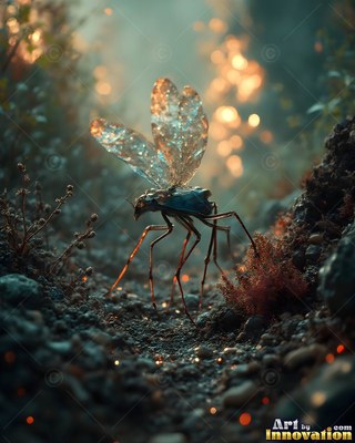 Standing on a dark path, a winged insect with long legs pauses by small plants