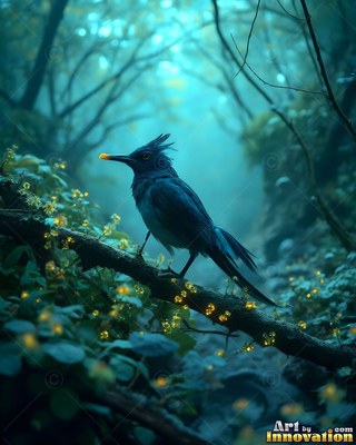 A dark blue bird perched on a branch in a misty forest
