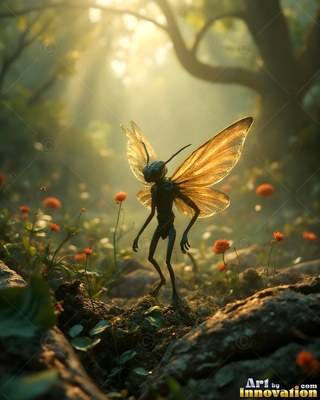 Translucent golden wings rise from a tiny insect creature walking through a sunny forest