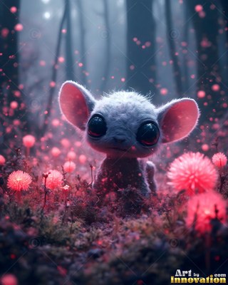 A small furry creature sits in a dark forest surrounded by soft pink light
