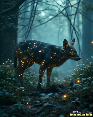 Standing in profile, a dark wolf spotted with yellow lights pauses in a blue forest
