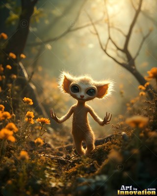 A tiny fuzzy creature walks through sunny yellow flowers with raised paws