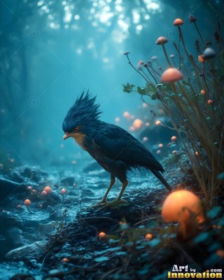 In a misty forest, a spiky dark bird stands beside round orange mushrooms