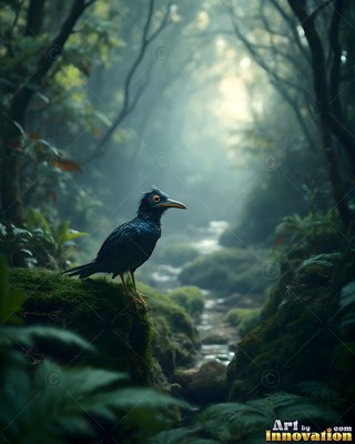 Perched on a mossy rock, a dark blue bird with round yellow eyes looks over a misty forest stream