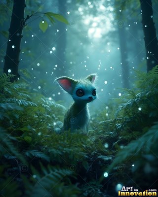 A tiny furry creature sits among ferns in a dim green forest