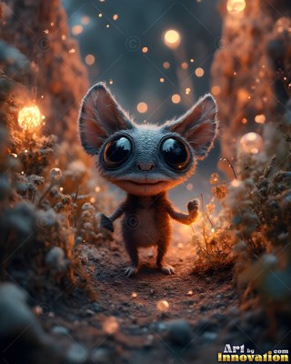 Huge dark eyes stand out on a tiny fuzzy critter standing along a dimly lit forest path