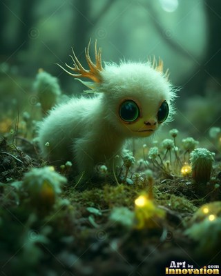 A fuzzy white creature with tiny antlers stands in green moss lit by yellow buds