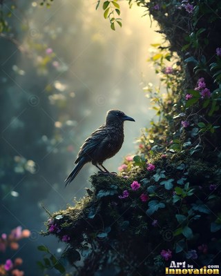 Perched on a mossy branch, a dark bird rests near small pink blossoms in soft light