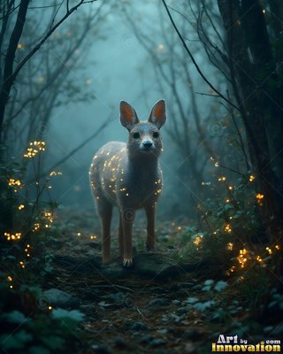 A small deer stands on a dark trail surrounded by tiny yellow lights