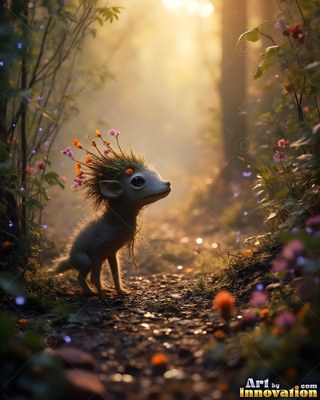 In a sunlit forest, a tiny furry critter with flowers in its spiky hair stands on a path