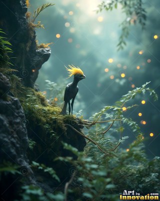 Perched on a mossy ledge, a small black creature with a yellow crest looks out into a misty forest