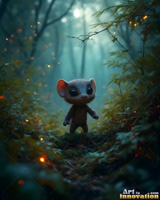 Tiny fuzzy creature with big ears standing in a dark misty forest