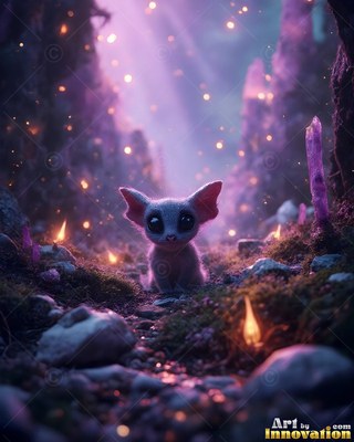 Large pointed ears stick out from a tiny furry critter sitting on a rocky path under purple light
