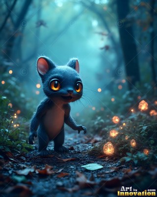 A small furry creature walks on a forest path lit by soft warm specks of light