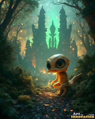 Crouching along a dark forest trail, a small lizard critter gazes outward