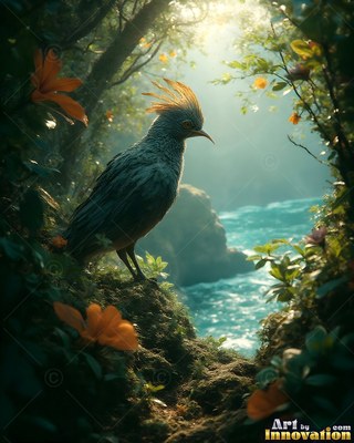 A crested gray bird stands on a mossy cliff near orange flowers by the sea