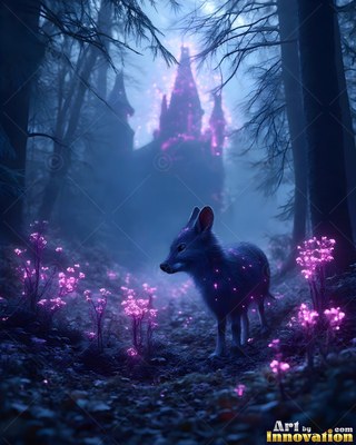 In a dark misty woods, a small blue fawn stands near purple flowers below a castle