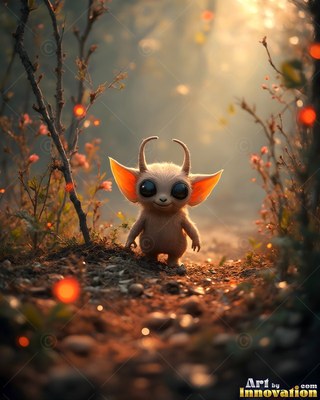 Walking on a dirt trail, a small fuzzy creature with curved horns smiles in warm sunlight