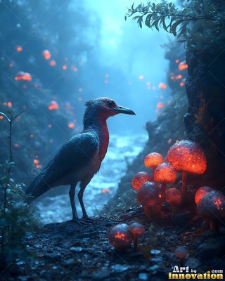 A small gray bird stands beside lit mushrooms in a misty blue forest