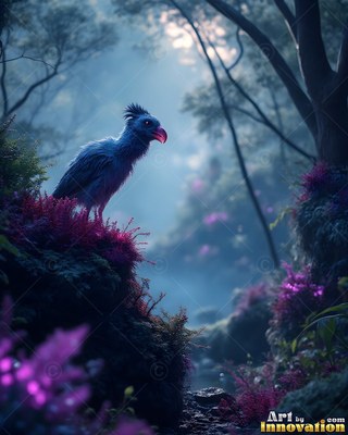 A blue bird with a curved red beak perches on a mossy rock in a misty purple forest