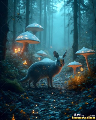A small rabbit stands on a dark path lit by pale blue mushrooms