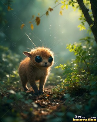 Standing on four legs on a forest path, a fuzzy brown creature looks forward
