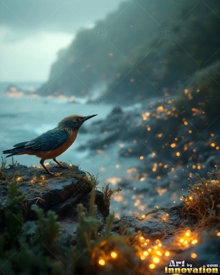 A small blue and orange bird stands on a rocky cliff covered in tiny yellow lights