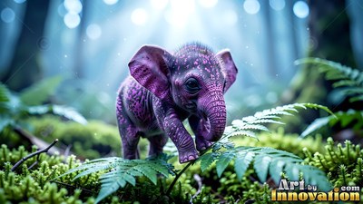 In a bright forest, a tiny purple elephant steps across green fern leaves