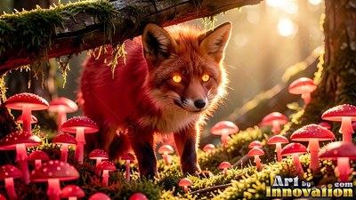 Prowling through moss, a red fox with bright yellow eyes steps past red mushrooms under sunlight