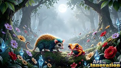 A furry colorful critter and a spotted frog on a log in a misty forest